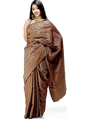 Brown Jamawar Sari with Dense Tanchoi Weave