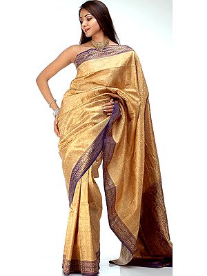 Buff Colored Banarasi Sari with All-Over Tanchoi Weave