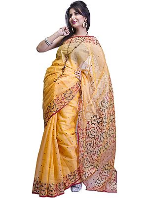 Buff-Orange Chanderi Sari with All-Over Bootis and Jaal Weave on Anchal
