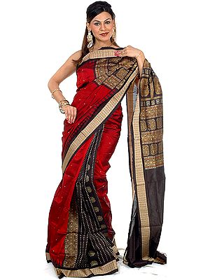Burgundy and Black Bomkai Temple Sari Hand-Woven in Orissa with Rudraksha Border