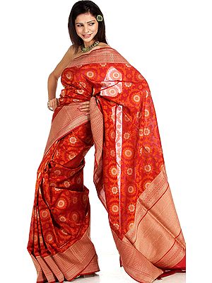 Burgundy and Rust Handloom Sari from Banaras with Flowers Woven All-Over