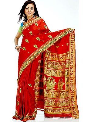 Burgundy Baluchari Sari Depicting an Indian Wedding