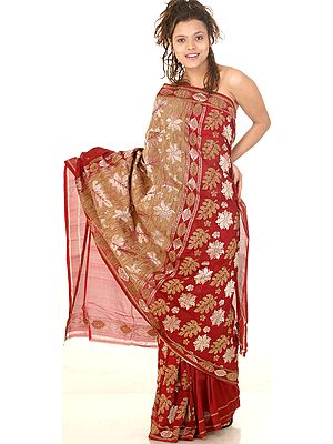Burgundy Bridal Jamdani Floral Sari from Banaras with All-Over Jute and Zari Weave