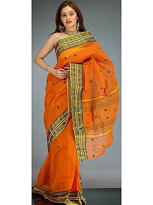 Burnt Orange Bengal Cotton Sari with Bootis and Green Border