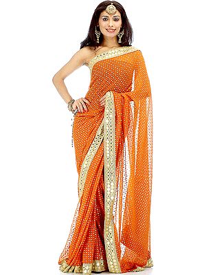 Burnt-Orange Sari with All-Over Painted Bootis in Gold and Silver