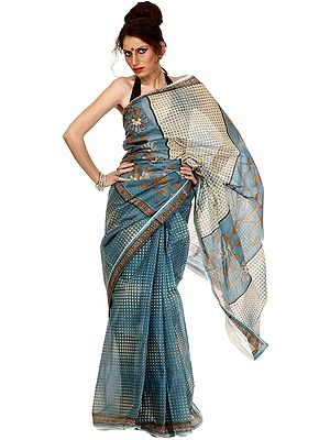 Cameo-Blue Sari with printed Polka Dots and Flowers