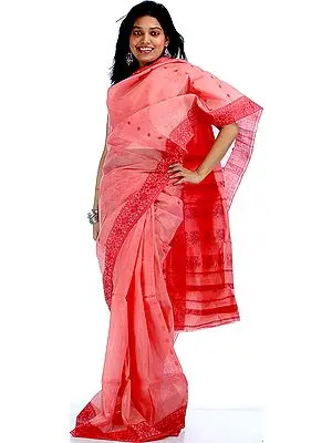 Light Carmine Pink Sari Hand-Woven in Kolkata with Floral Border