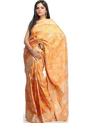 Hand-woven Metallic-Gold Jamdani Sari with All-Over Brocade Weave