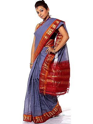 Ceil-Blue Handwoven Gadwal Sari with Zari on Border and Anchal