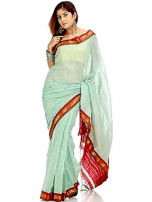 Celadon Green Handwoven Gadwal Sari with Real Zari on Border