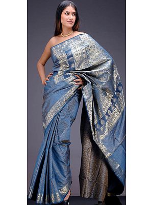 Cerulean Banarasi Sari with Tanchoi Weave