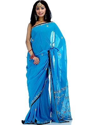 Cerulean Blue Sari with Floral Embroidered and Sequins