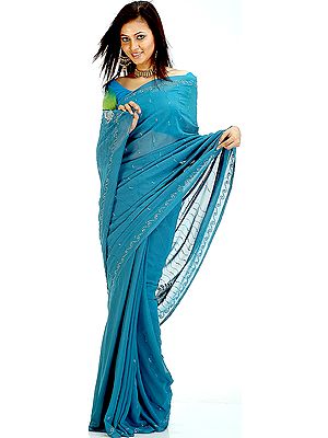 Cerulean Sari with Beads and Sequins