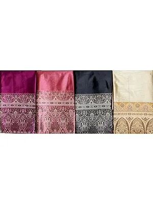 Lot of Four Plain Banarasi Saris with Weave on Border and Pallu