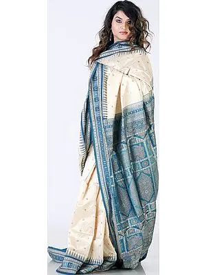 Cream and Blue Bomkai Temple Sari Hand-Woven in Orissa with Rudraksha Border