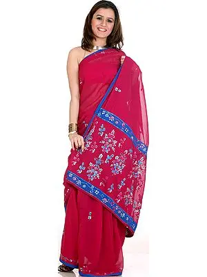 Purple and Blue Georgette Sari with Sequins and Threadwork