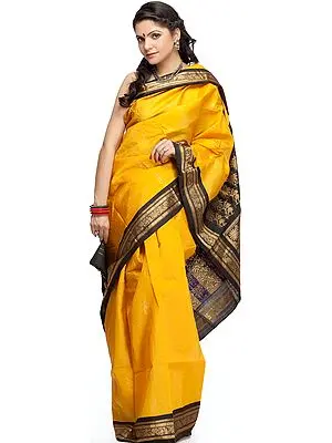 Golden and Black Gadwal Sari with Floral Zari Weave on Anchal and Border