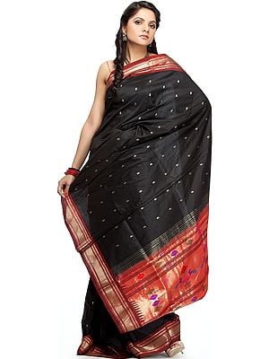 Handwoven Black Paithani Sari with Zari Pallu