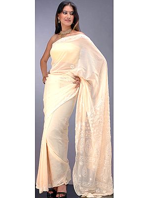 Champagne Colored Lukhnavi Chikan Sari