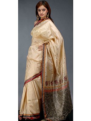 Champagne Satin Sari with Black and Red Border