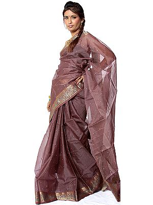 Chestnut Chanderi Sari with Golden Bootis and Brocaded Border