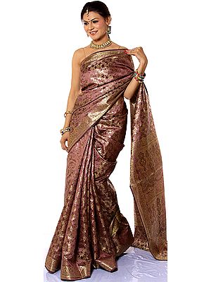 Chestnut Tanchoi Sari from Banaras with Jaal Woven in Golden Thread