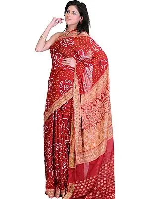 Chili Pepper Bandhani Tie-Dye Sari from Jodhpur with Brocade Weave on Anchal