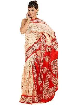 Ivory and Red Batik Sari from Kolkata