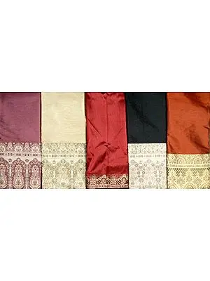 Lot of Five Plain Banarasi Saris with Weave on Border and Pallu