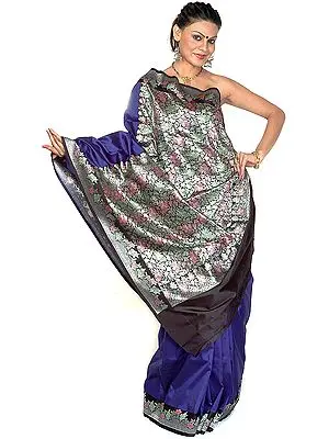 Navy-Blue Valkalam Sari with Floral Brocaded Border and Anchal