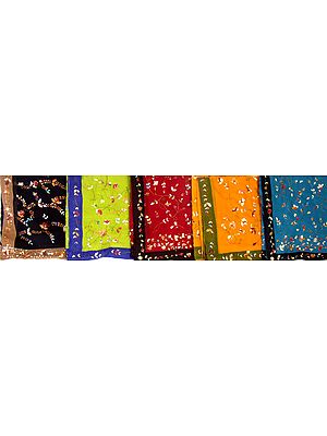 Lot of Five Double-Colored Saris with Sequins and Embroidery