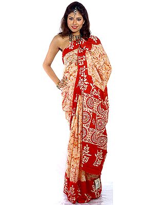 Ivory Batik Sari with Red Anchal and Border
