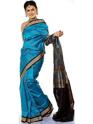 Azure-Blue Bomkai Sari with Box Pallu Hand-Woven in Orissa