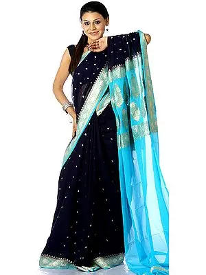 Midnight-Blue Banarasi Sari with Large Bootis Woven in Golden Thread