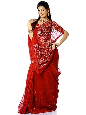 Carmine-Red Sari with Sequins and Beadwork