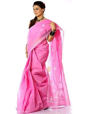 Hot-Pink Sari with Lukhnavi Chikan Embroidery