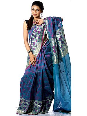 Teal and Purple Jamdani Sari from Banaras with Golden Thread Weave