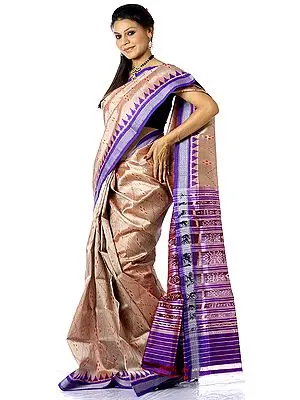 Fawn and Purple Ikat Sari Hand-Woven in Pochampally