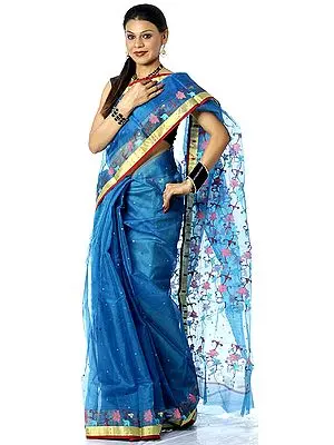 Royal-Blue Chanderi Sari with Flowers Woven on Anchal and Border