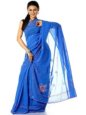 Persian-Blue Sari with Sequins and Threadwork