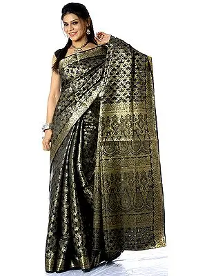 Black Banarasi Sari with All-Over Golden Thread Weave
