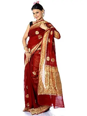 Maroon Banarasi Sari with Large Bootis Woven in Golden Thread