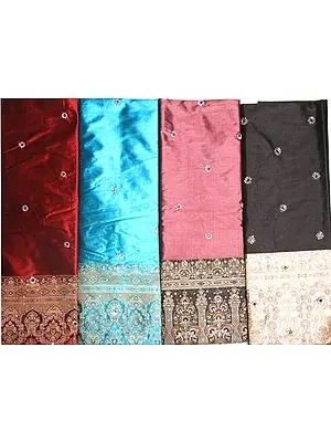 Lot of Four Plain Banarasi Saris with All-Over Beaded Bootis