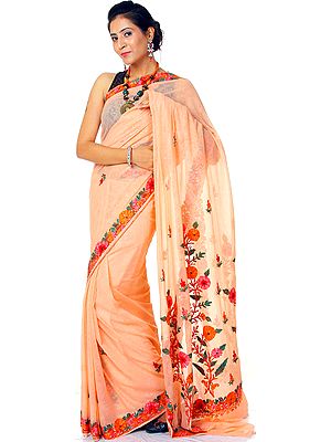 Coral-Reef Floral Sari from Kashmir with Aari Embroidery and Self Weave