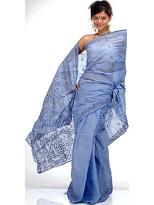 Cornflower-Blue Cotton Sari with Kantha Stitch