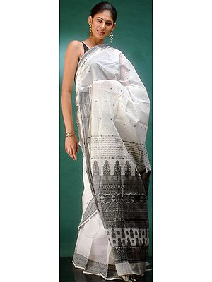 Cream and Black Kerala Cotton Sari with Thread Work
