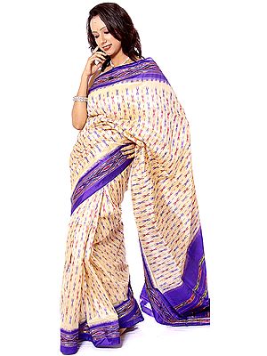 Cream and Blue Ikat Sari Hand-Woven in Pochampally