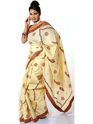 Cream Designer Sari with Hand-Painted Paisleys and Sequins on Border