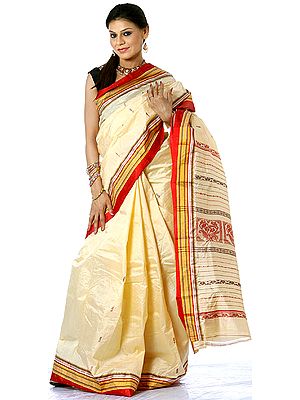 Cream Hand-woven Garad Sari from Bengal