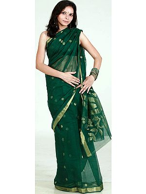 Dark Green Sari with Golden Bootis and Border